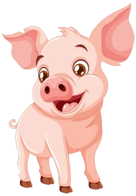 A cheerful cartoon pig with pink skin, big brown eyes, large ears, and a curly tail, smiling and standing on four legs, facing slightly to the left.