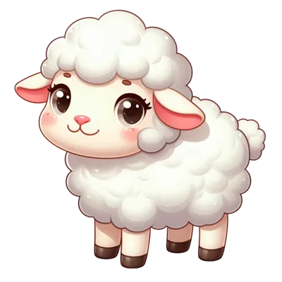 A cute, cartoon-style sheep with fluffy white wool, big brown eyes, pink cheeks, and small ears, standing and smiling on a transparent background.
