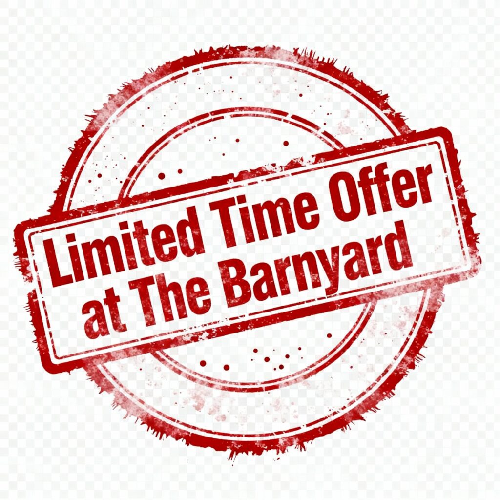 A red, circular, grunge-style stamp graphic with the text Limited Time Offer at The Barnyard in bold white letters across the centre.